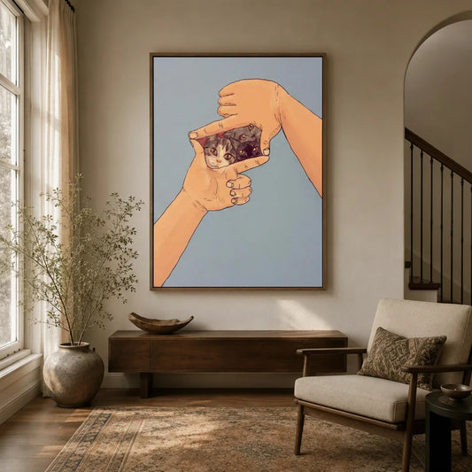 Funny cat pop art canvas in dark walnut floater frame displayed in warm neutral entryway with wood console