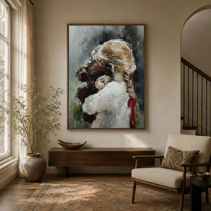 Girl with teddy bear canvas wall art in framed style displayed in a warm neutral entryway above a console