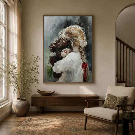 Girl with teddy bear canvas wall art in framed style displayed in a warm neutral entryway above a console