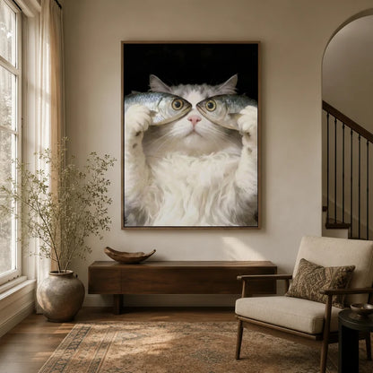 Funny cat holding fish wall art in walnut floater frame in warm neutral entryway beside arched staircase