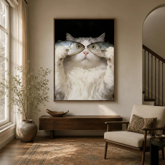 Funny cat holding fish wall art in walnut floater frame in warm neutral entryway beside arched staircase