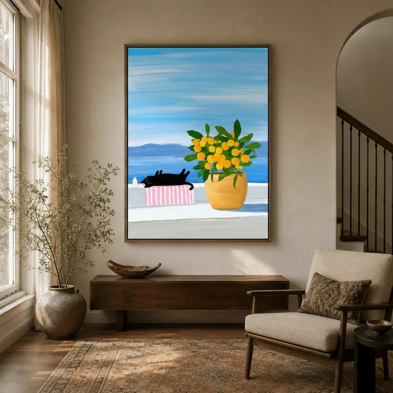 Black cat Mediterranean canvas wall art in framed style displayed in a warm neutral entryway above a console