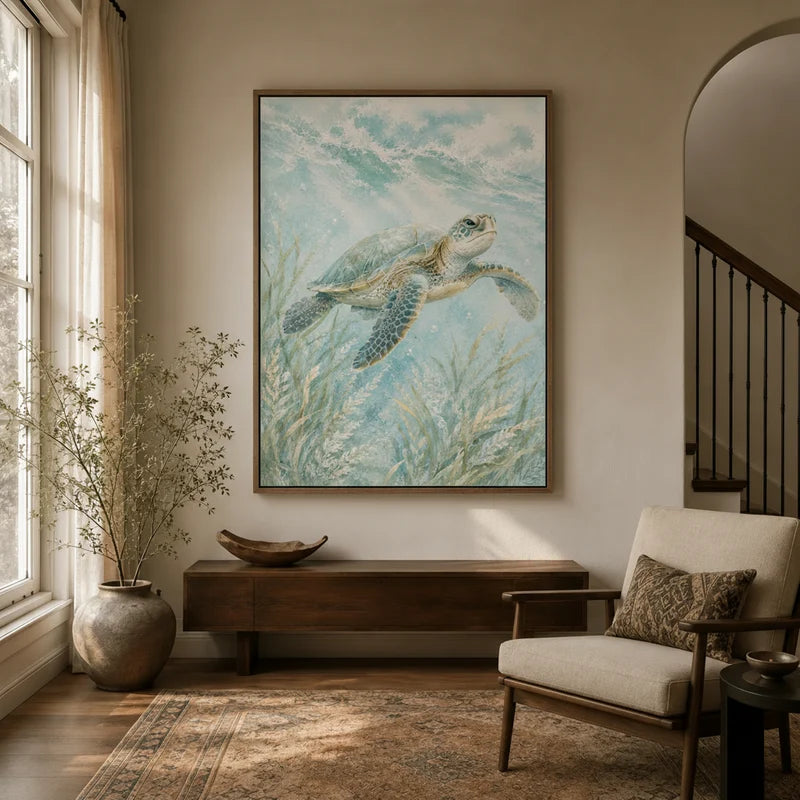 Framed sea turtle canvas wall art hanging in a warm coastal entryway with neutral tones