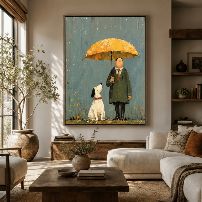 Folk-art man and dog under yellow umbrella canvas wall art hanging in modern living room with olive tree