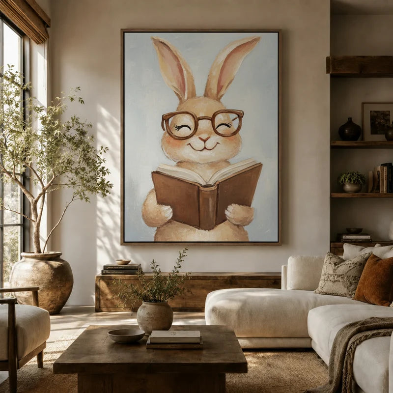 Oversized watercolor bunny reading canvas wall art above sofa in bright neutral living room