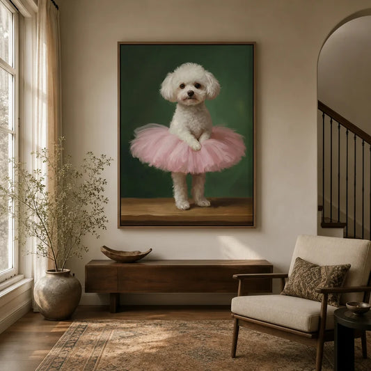 White poodle ballerina in pink tutu canvas in walnut frame, warm neutral entryway with console and armchair