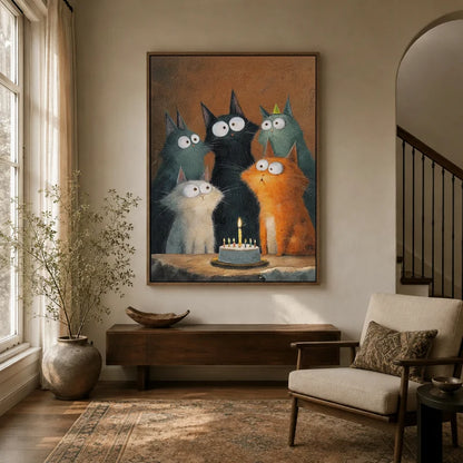 Whimsical cat birthday canvas wall art displayed above a console table in a warm neutral entryway