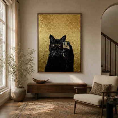 Black cat selfie gold glam canvas in walnut frame displayed in warm neutral entryway with console table