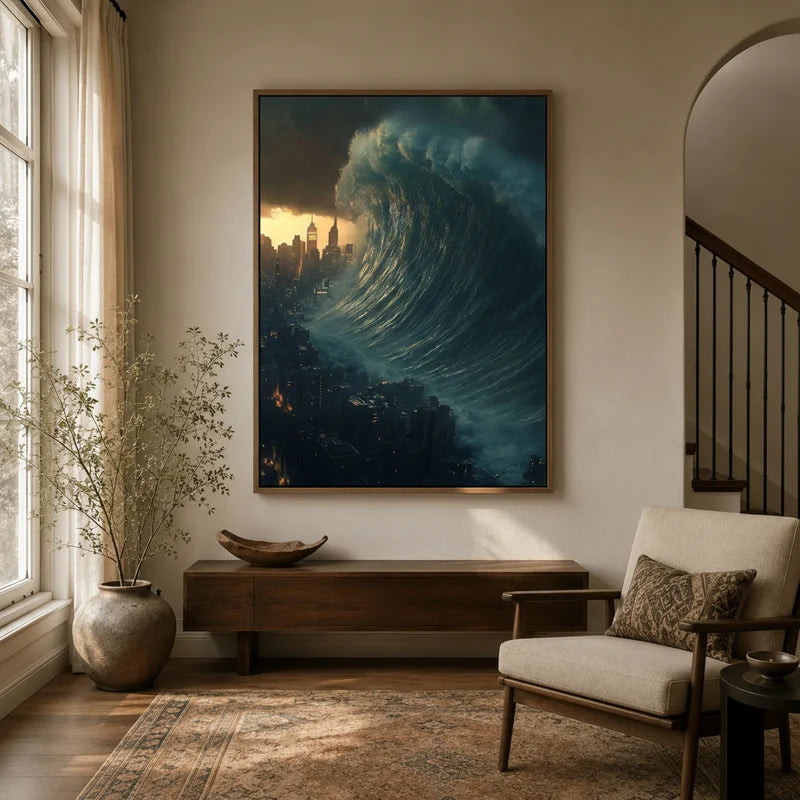 Framed giant wave city skyline canvas wall art displayed in a warm neutral entryway with wood console
