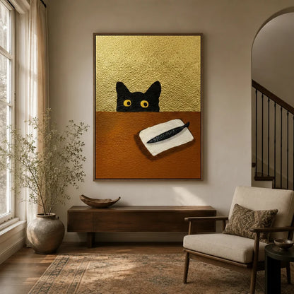 Framed black cat peeking canvas wall art displayed in a warm neutral entryway with wood console and armchair