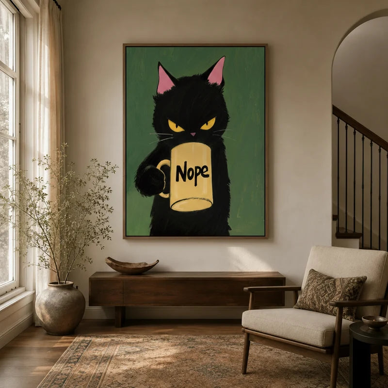 Grumpy black cat Nope mug canvas displayed in warm neutral entryway above dark wood console