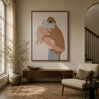 Framed girl and dog minimalist canvas wall art displayed in a warm neutral entryway with wood console and armchair