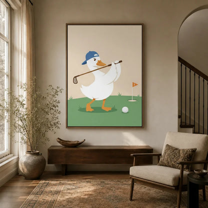 Funny golf duck wall art in walnut floater frame displayed in warm neutral entryway with arched doorway