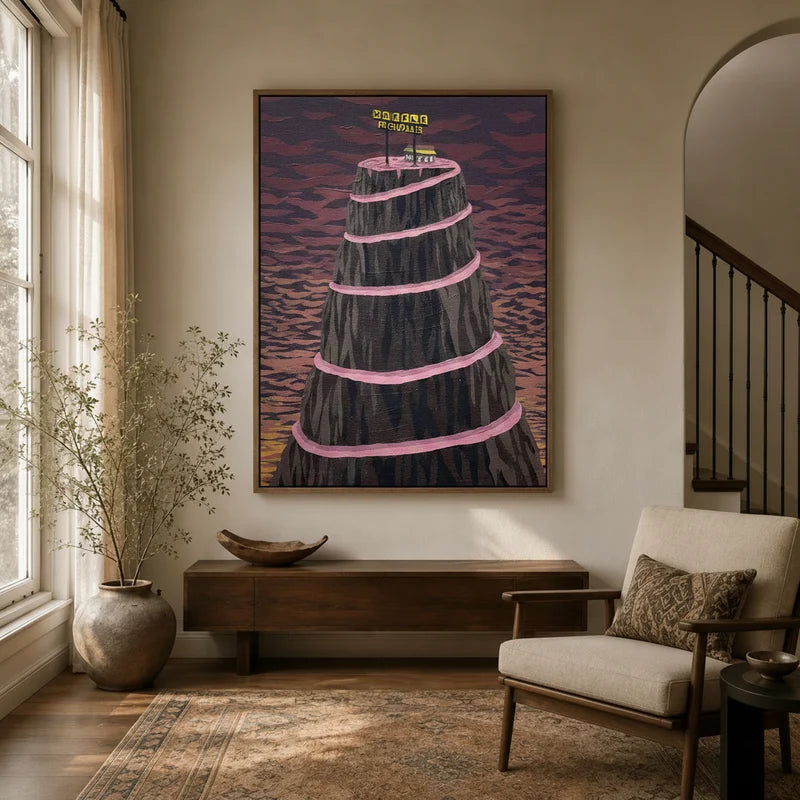 Framed surrealist Waffle House mountain canvas wall art displayed in a warm neutral entryway with wood console