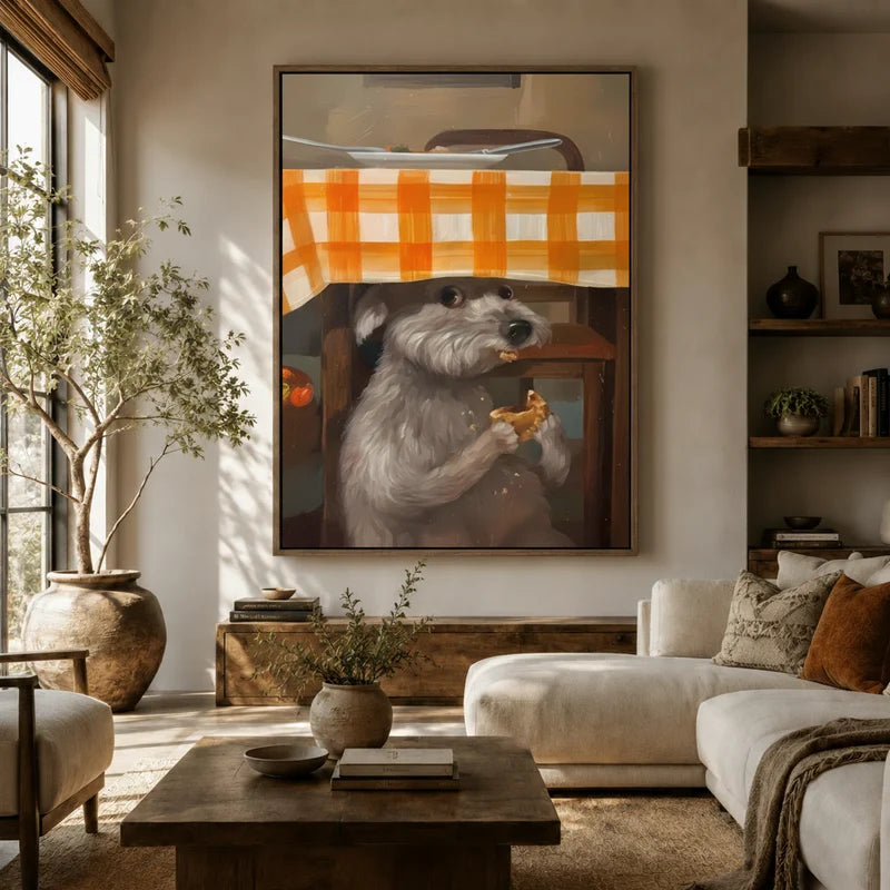 Large schnauzer sneaking food canvas wall art above sofa in bright boho living room with olive tree