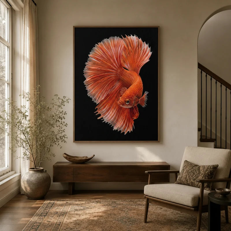 Whimsical black cat on pink balloon dog wall art displayed in a warm neutral entryway with console and armchair