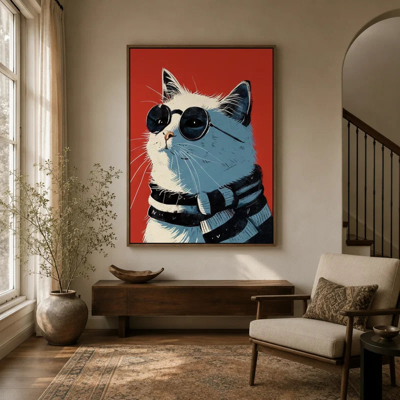 Bold pop art white cat in sunglasses canvas in walnut frame, warm neutral entryway with staircase