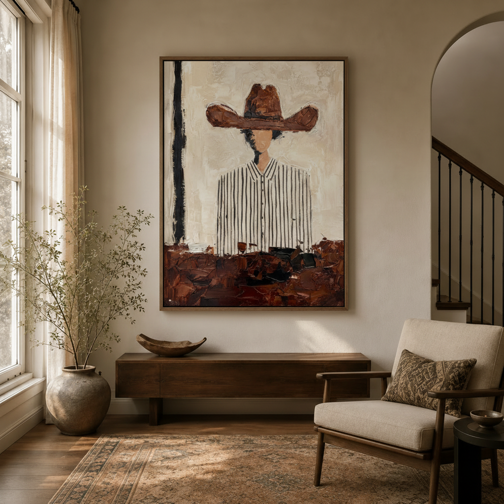 Framed canvas of faceless cowboy in striped shirt hanging in a warm entryway with walnut console