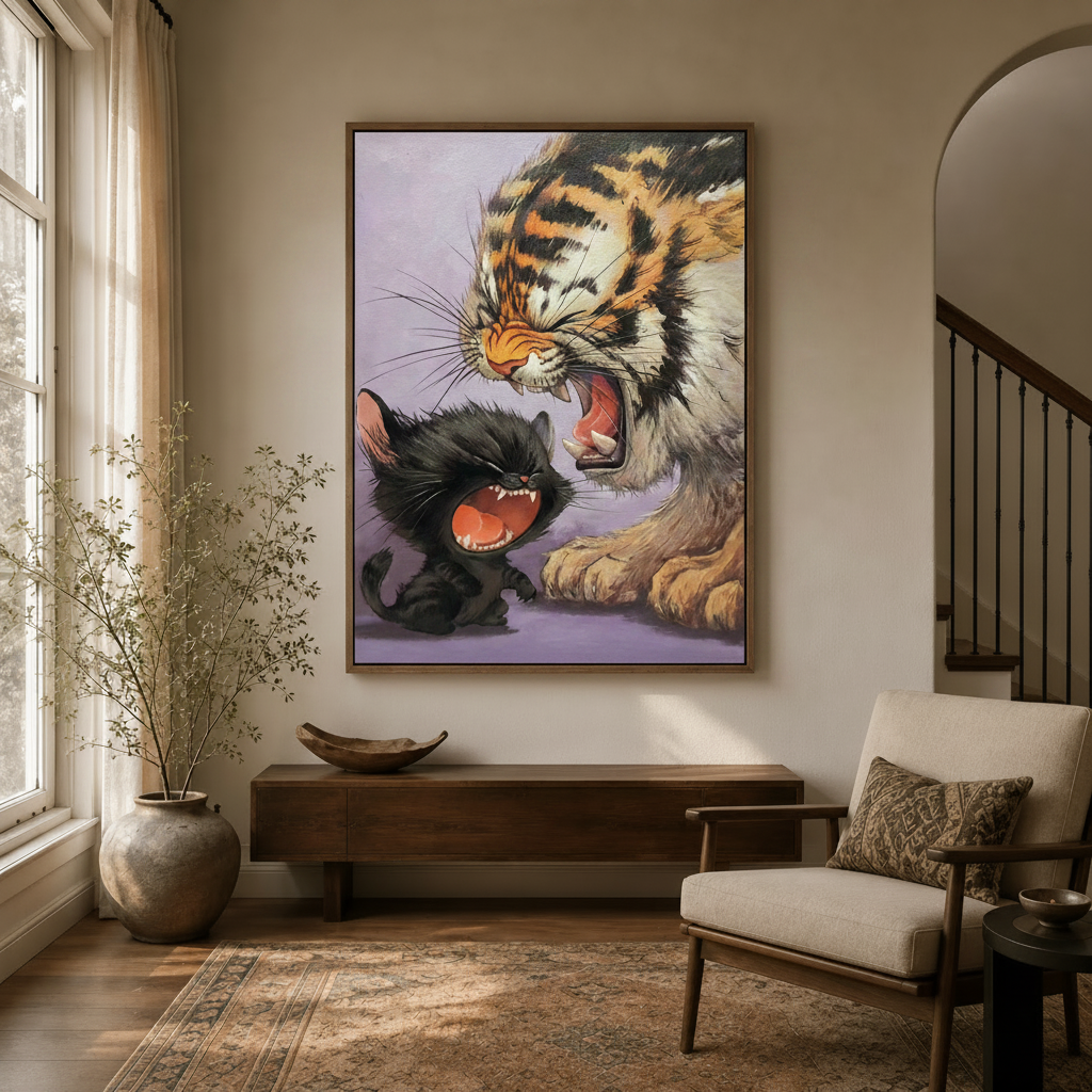 Bold animal canvas print of roaring tiger and black cat in a modern entryway with arched doorway