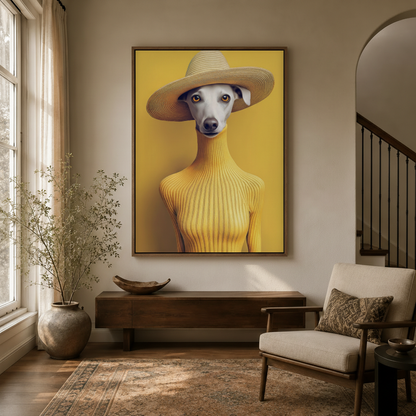  Whimsical fashion dog portrait painting in walnut float frame hanging in modern foyer