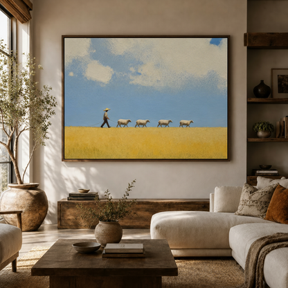 Golden field sheep painting on canvas above a cream sectional sofa in a warm living room.