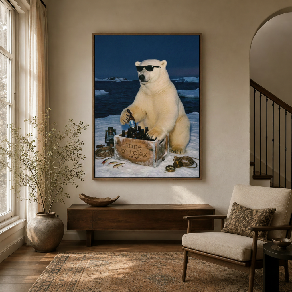 Humorous polar bear time to relax wall art in float frame hanging in entryway with staircase