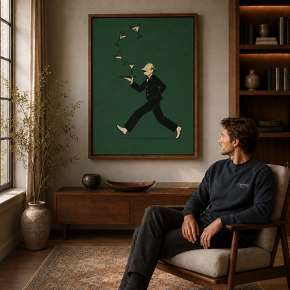 Vintage cocktail wall art displayed above a reading chair in a cozy living room corner