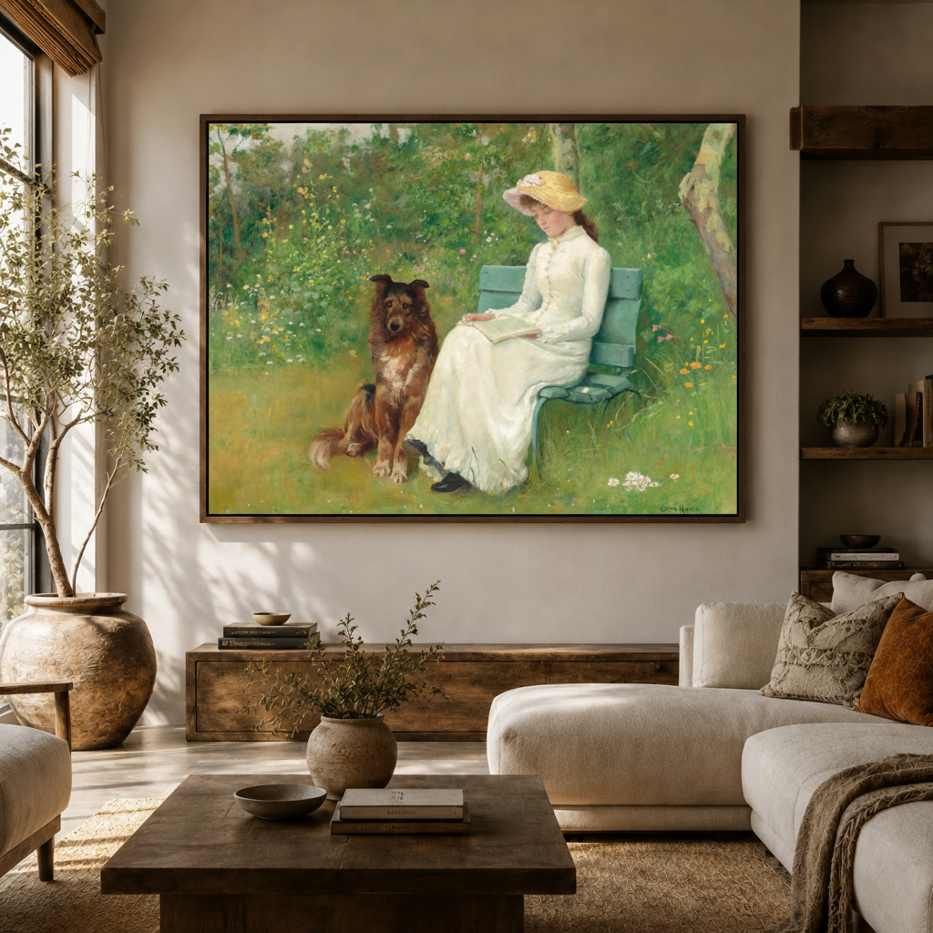 Framed Victorian garden reading girl classical canvas displayed large above sideboard in warm modern living room