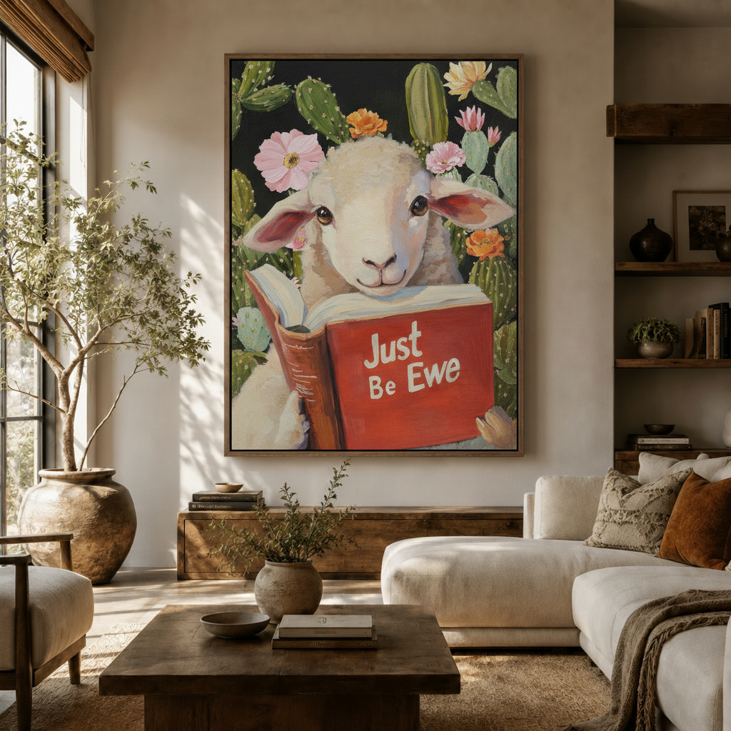Funny sheep wall art with cactus floral background displayed in cozy living room