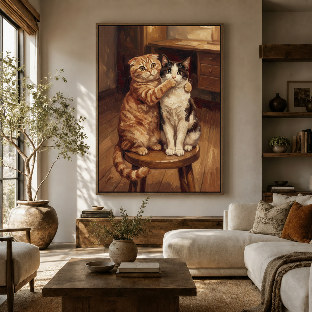Warm impasto two cats portrait canvas in dark frame hung in Japandi-style living room