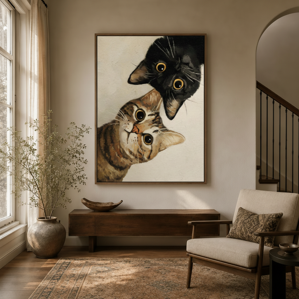 Framed two cats canvas print hung above console table in bright neutral entryway with arched doorway