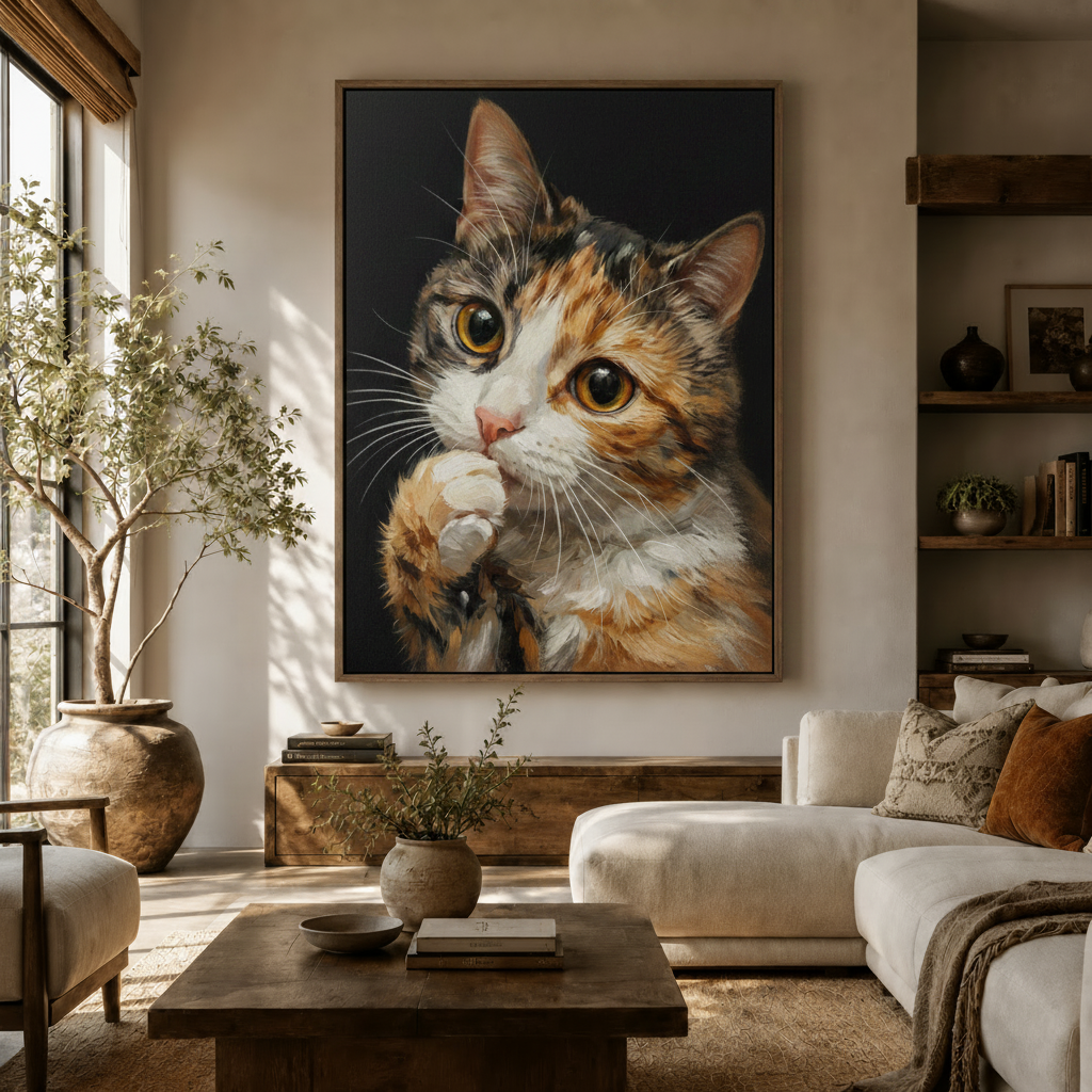 Framed calico cat wall art in a bright living room with white sofa, curious paws and expressive amber eyes