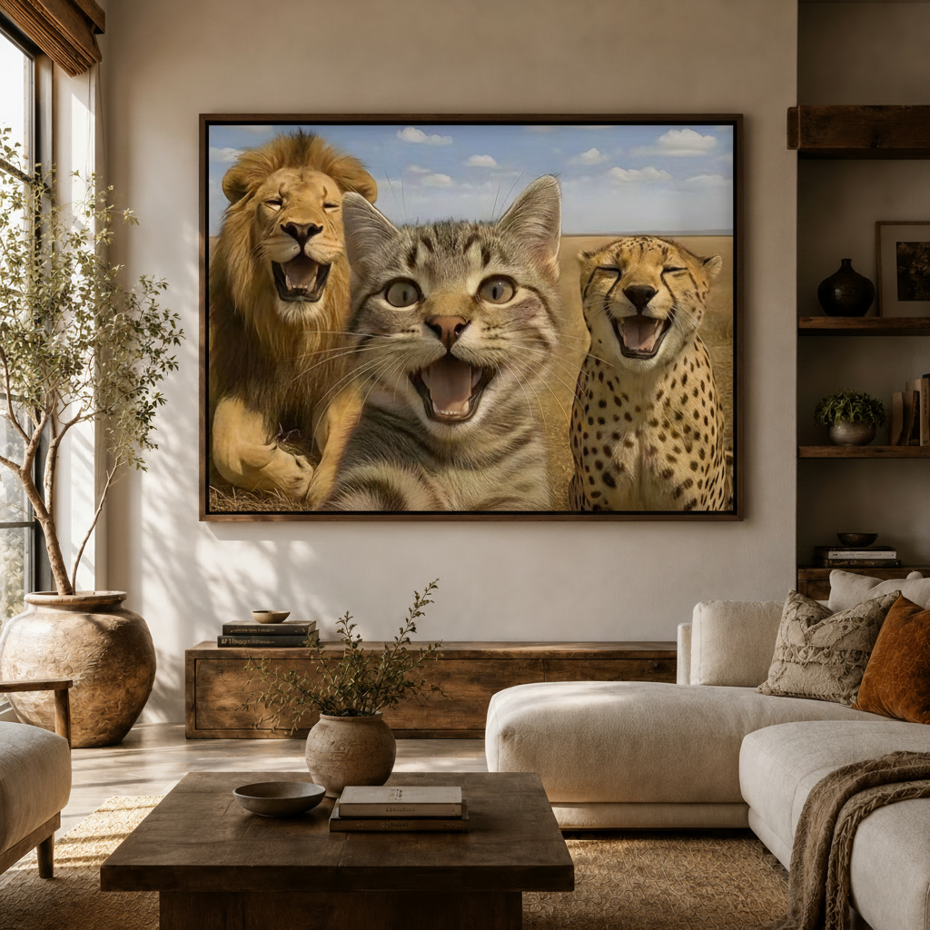 Hyper-realistic cat lion cheetah savanna canvas displayed above sideboard in neutral boho living room with olive tree