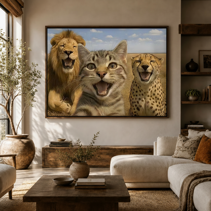 Hyper-realistic cat lion cheetah savanna canvas displayed above sideboard in neutral boho living room with olive tree