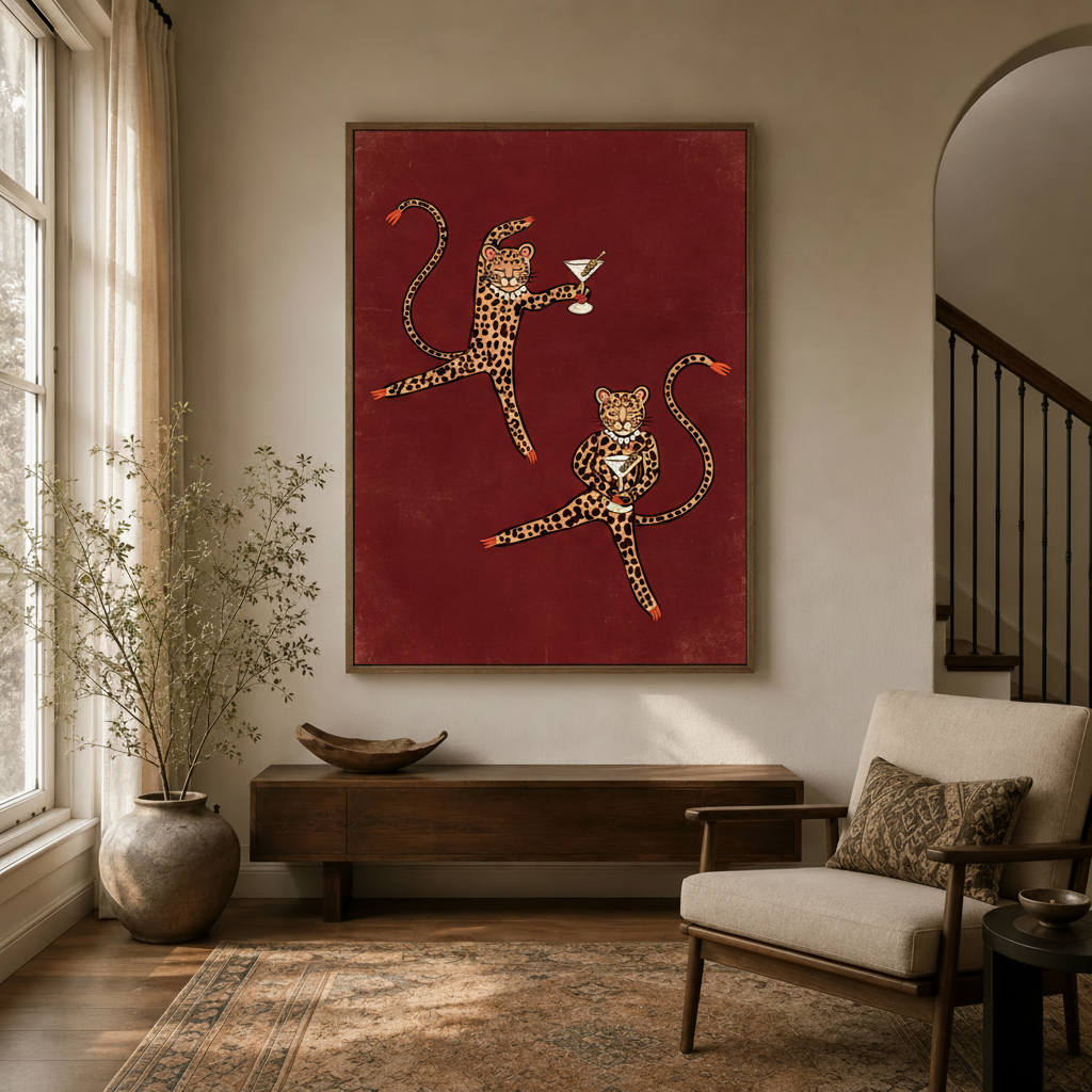Framed canvas print of two boho leopards holding martinis, displayed in a warm neutral entryway with arched doorway
