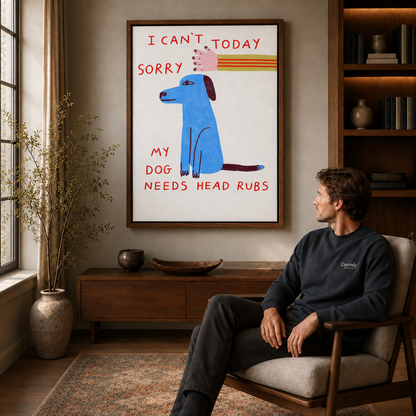 Funny dog wall art displayed above a wood console in a cozy living room