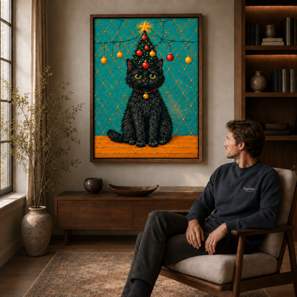 Walnut-framed black cat Christmas tree wall art above a sideboard beside a reading armchair.