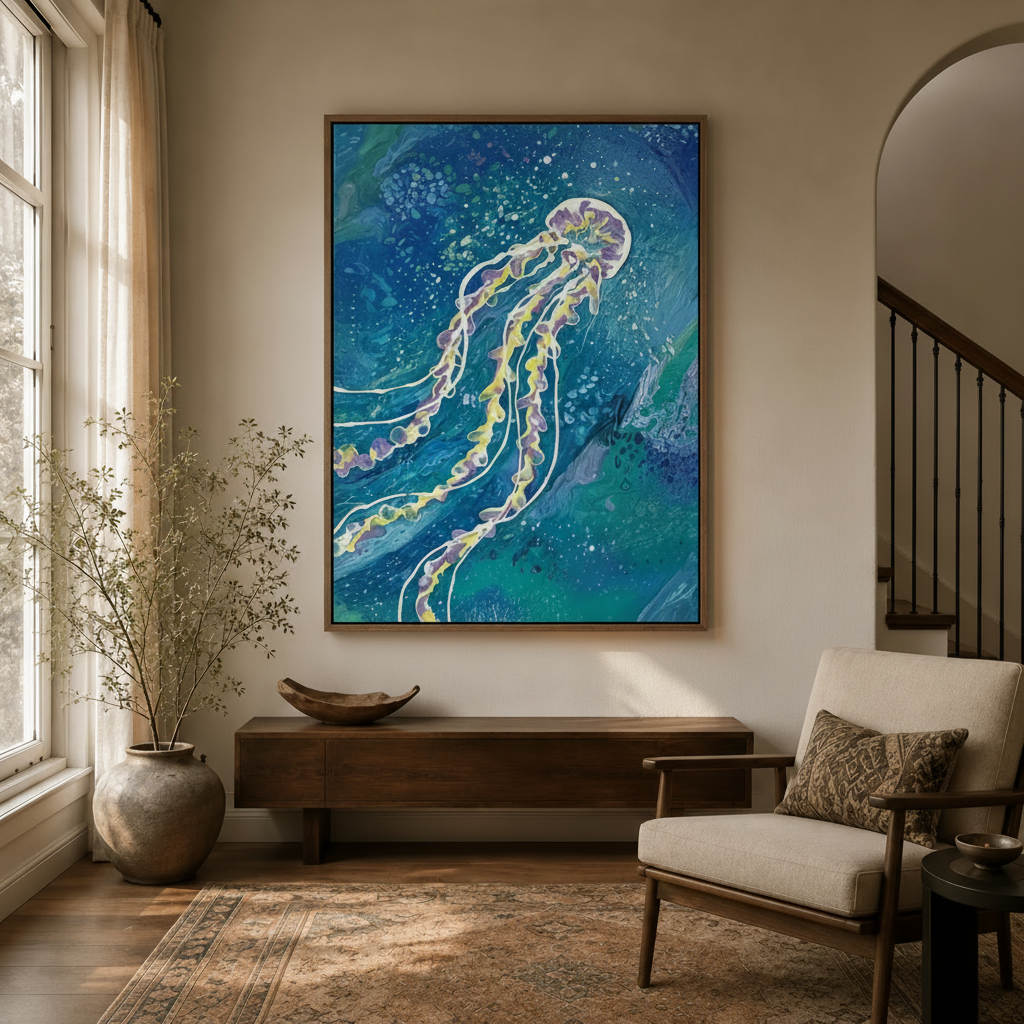 Ocean wall art framed canvas displayed in modern entryway with arched doorway