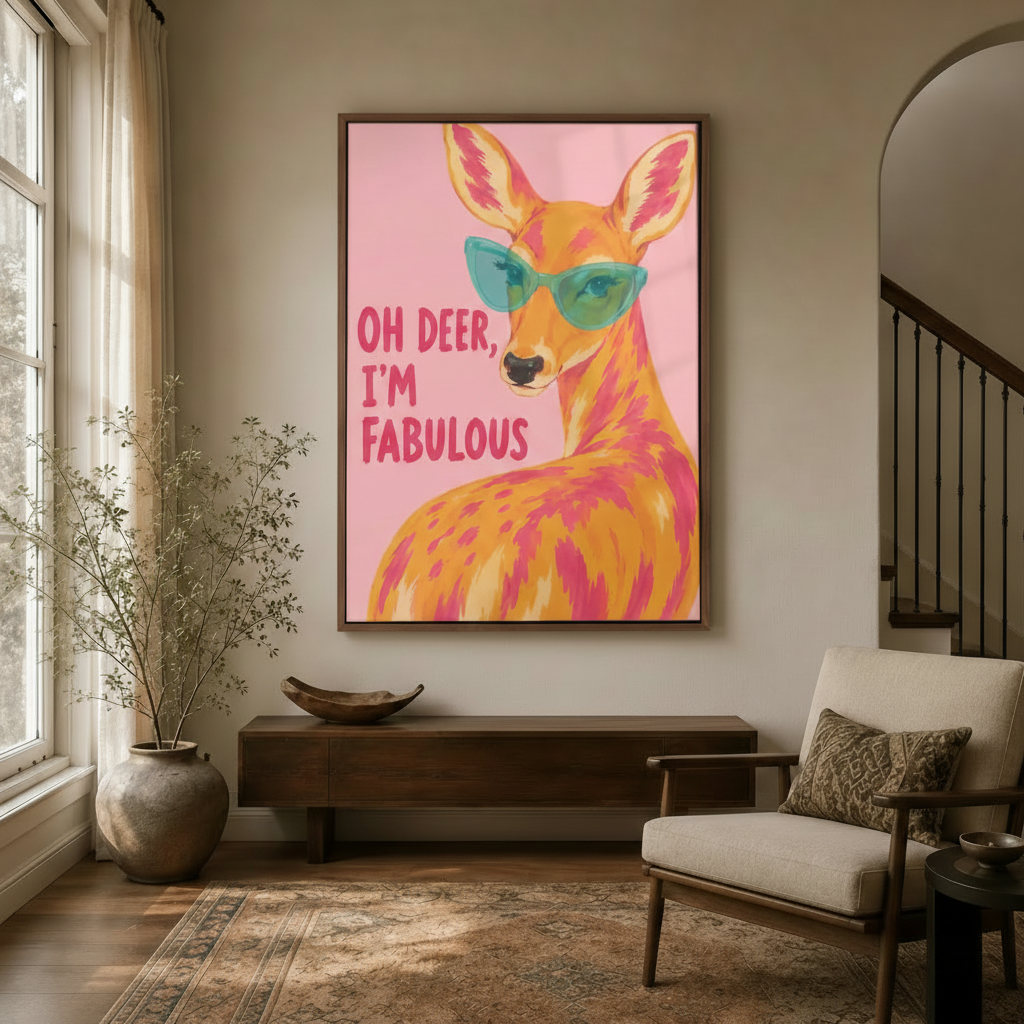 Oh Deer I'm Fabulous colorful animal print in natural wood frame styled in entryway beside dried branch vase and armchair