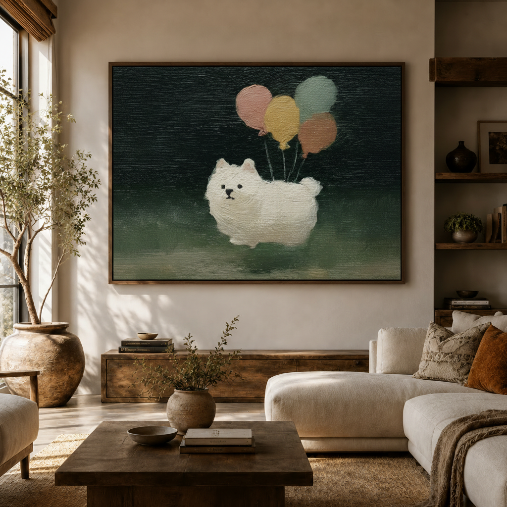 Large framed dog balloon canvas art above console in cozy earth-tone living room with linen sofa