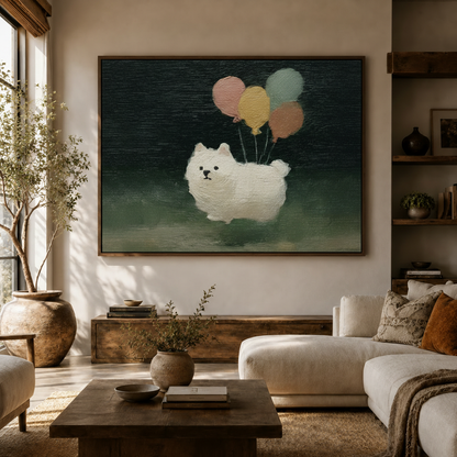 Large framed dog balloon canvas art above console in cozy earth-tone living room with linen sofa