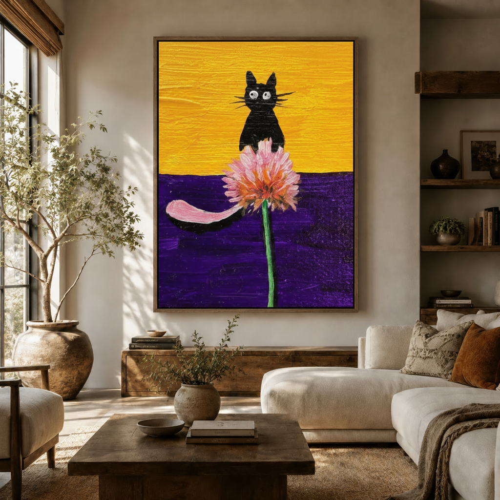 Bold black cat floral wall art above white sofa in modern boho living room