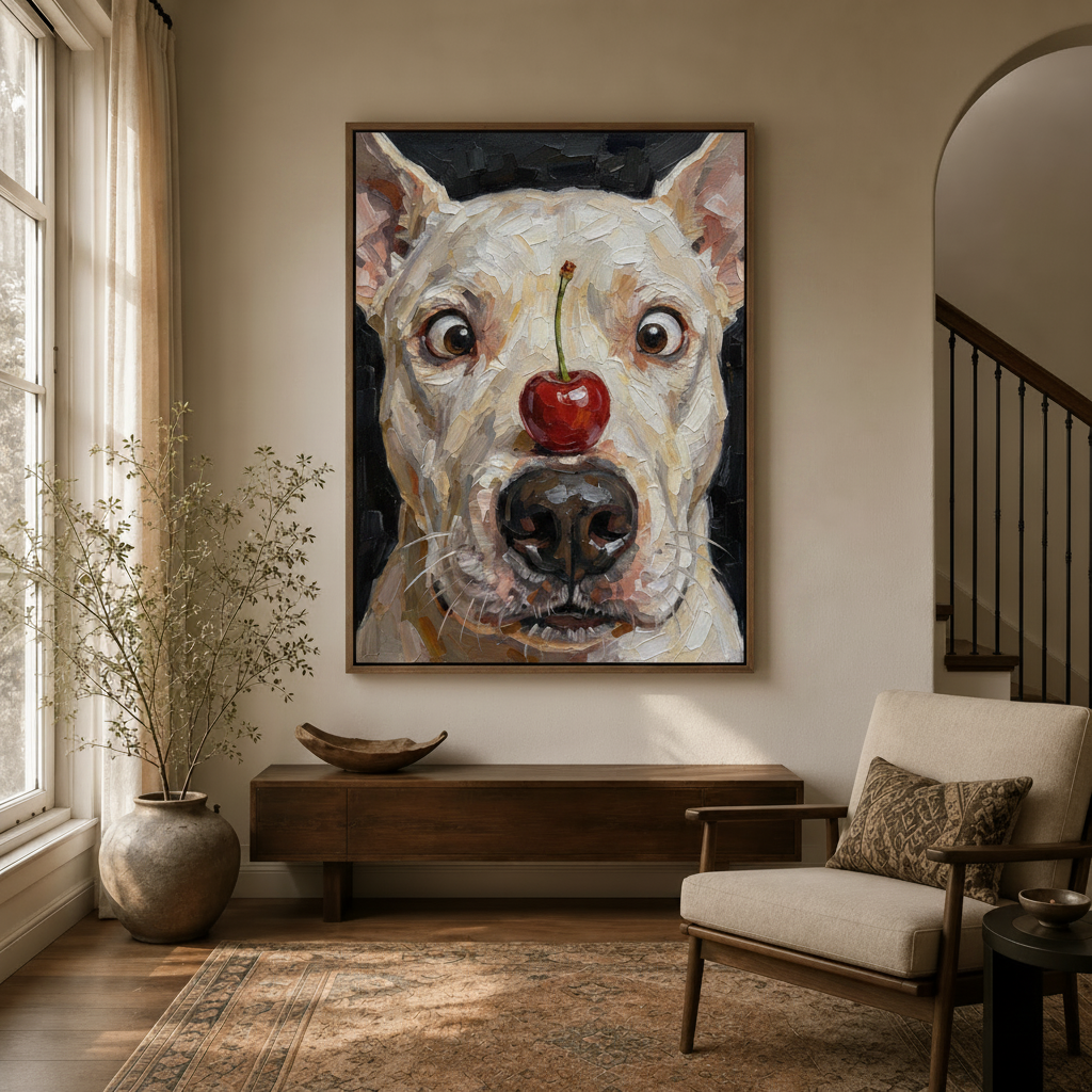 Humorous dog portrait canvas print in dark walnut float frame in modern entryway hallway