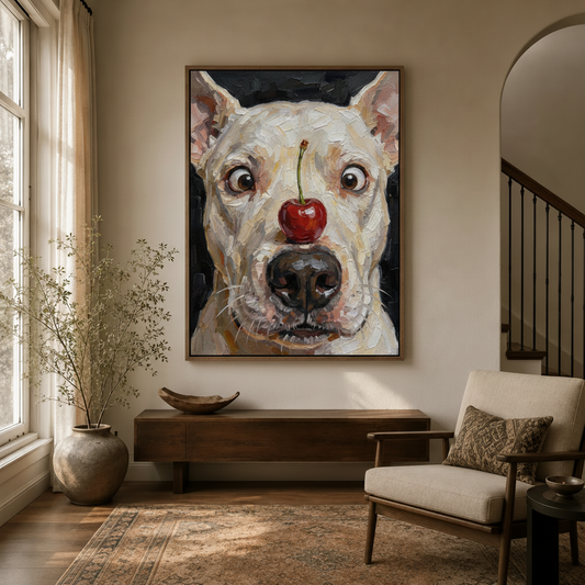 Humorous dog portrait canvas print in dark walnut float frame in modern entryway hallway