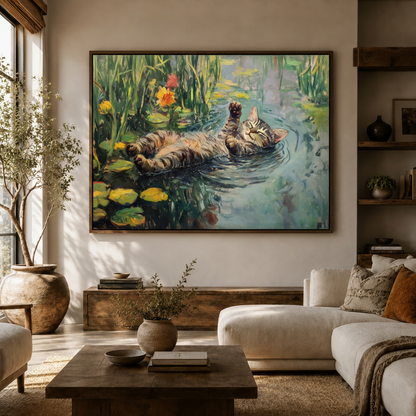 Monet-style tabby cat wall art in dark walnut float frame above white sofa