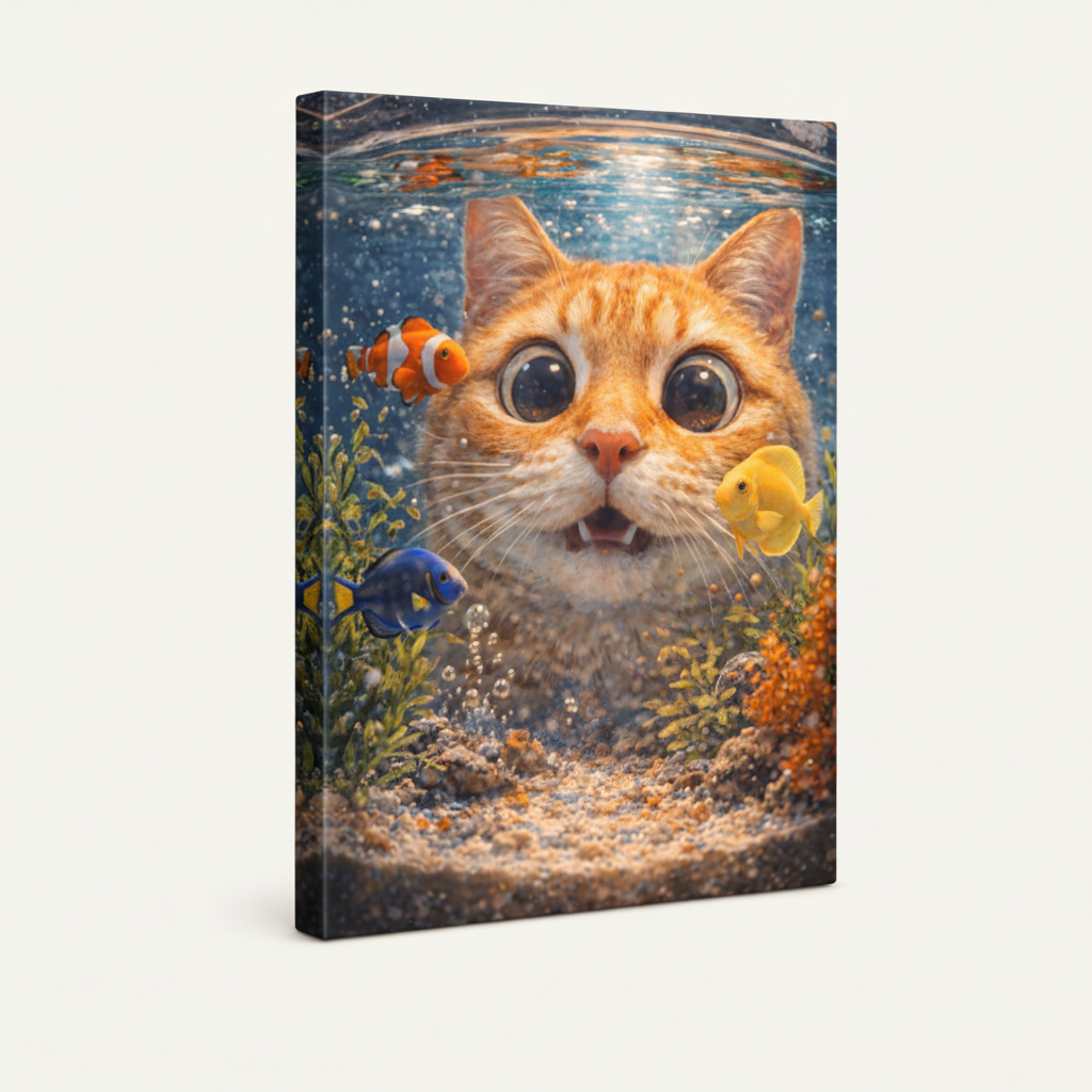 Gallery wrapped canvas side view of funny cat aquarium wall art with clownfish and blue tang