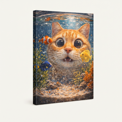 Gallery wrapped canvas side view of funny cat aquarium wall art with clownfish and blue tang