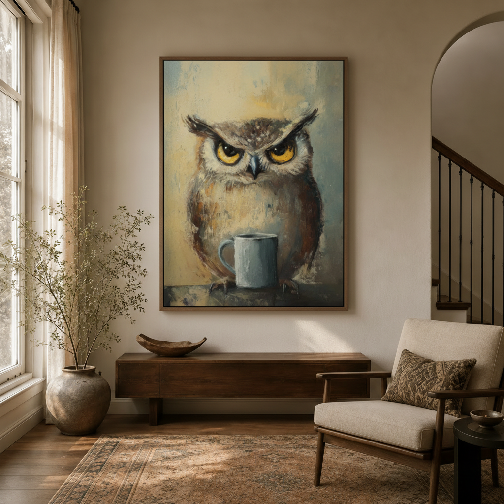Framed owl with coffee mug canvas art in bright entryway, expressive oil painting bird portrait