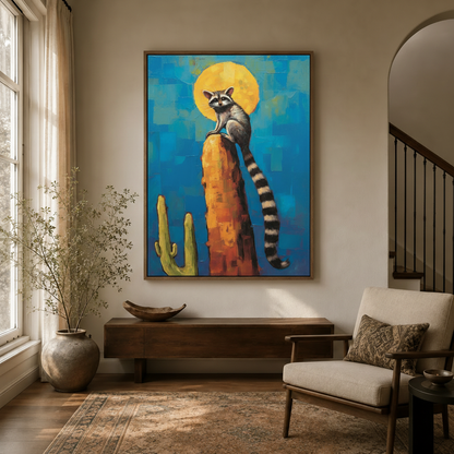 Bold teal desert raccoon canvas print hanging in bright entryway with arched doorway and console table