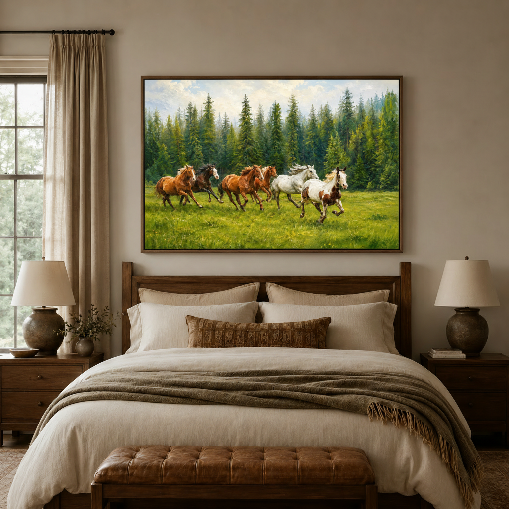 Galloping horses landscape canvas art hanging above bed headboard in cozy neutral bedroom